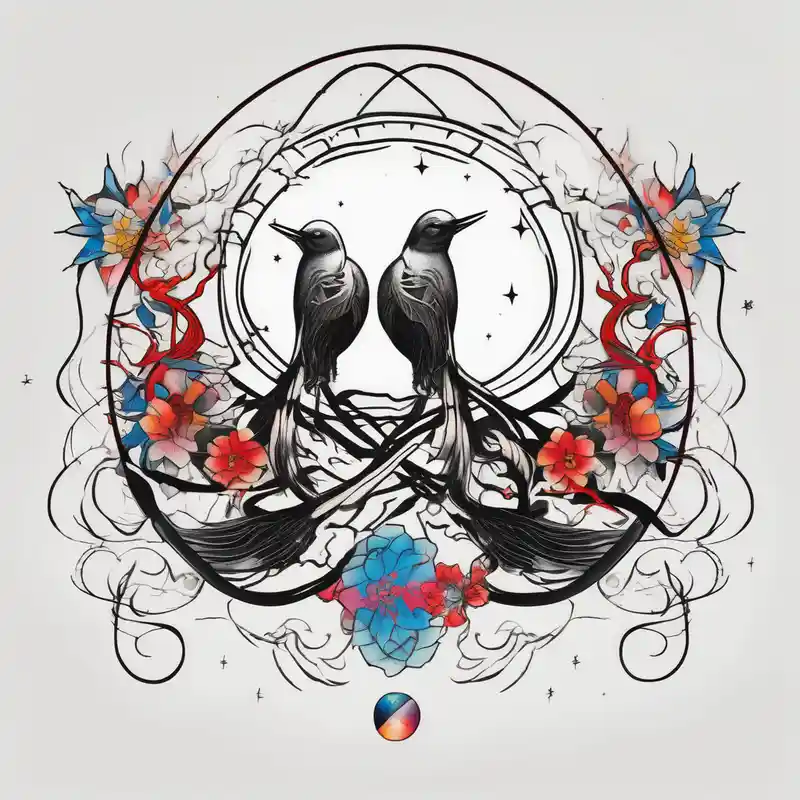 two birds sitting, stars and infinity theme couples tattoo half sleeve tattoos for men – Japonés, Colores vivos